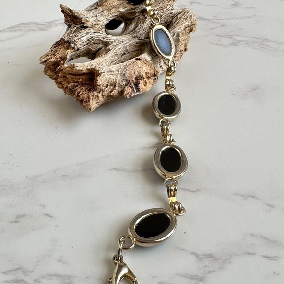 Gold Plated Sterling Silver Bracelet with Black Onyx Cabochons – Link Bracelet - Picture 5 of 5